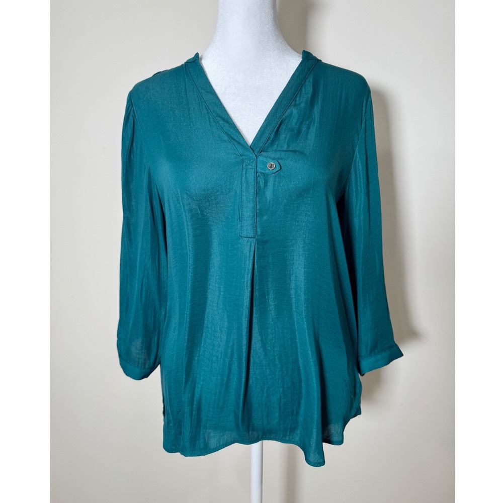 Anthropologie Dylan Teal V Neck Pleated 3/4 Sleeve Tunic Top Women's XS